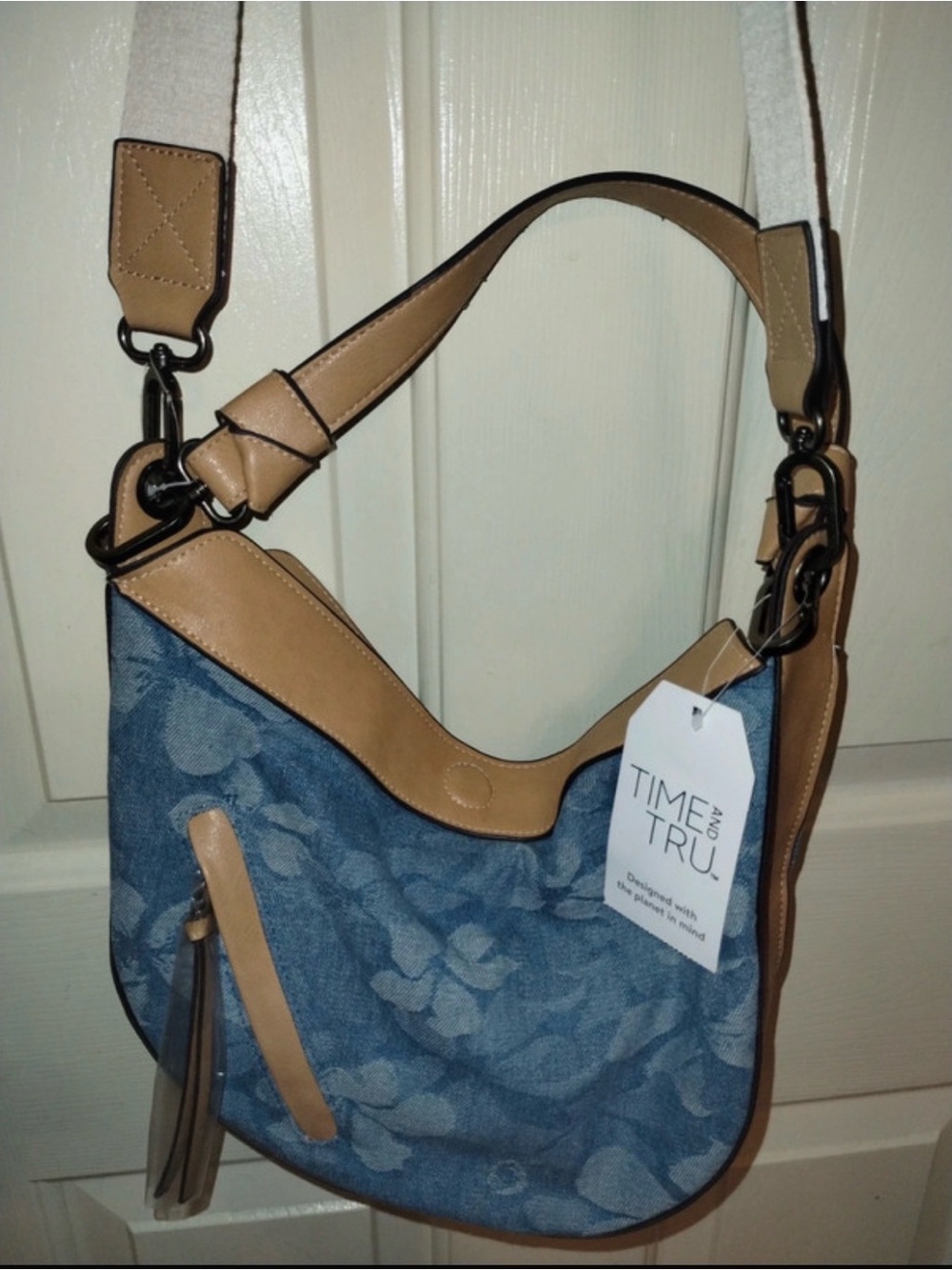 Time and Tru Blue Floral Denim Shoulder Bag with Tan Trim